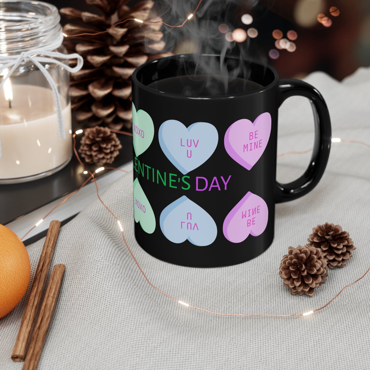 Candy Sweethearts Valentine's Day Coffee Mug Black