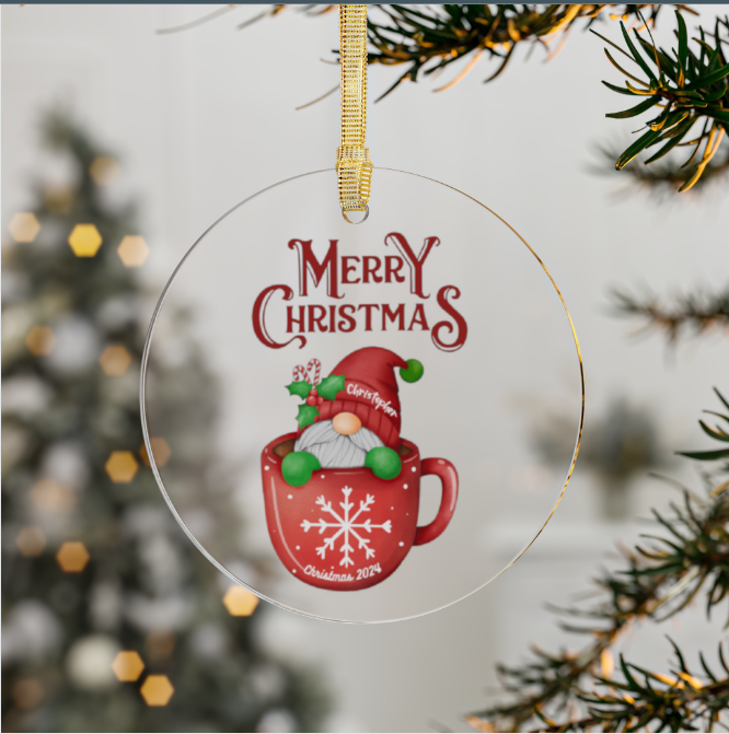 Jolly Gnome in Snowflake Coffee Mug Acrylic Ornament